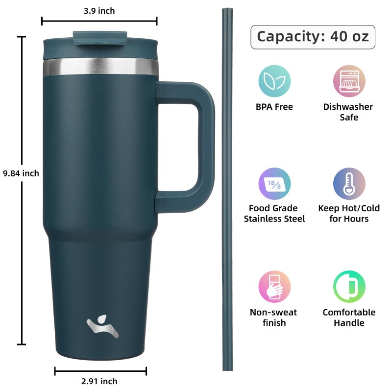 Konokyo 40 oz Tumbler with Handle and 2 Straws,2 in 1 Lid Insulated Water Bottle Stainless Steel Travel Coffee Mug,Navy blue - Image 4
