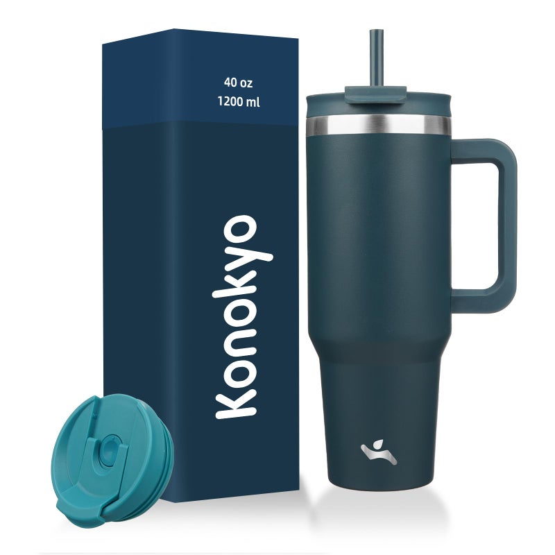 Konokyo 40 oz Tumbler with Handle and 2 Straws,2 in 1 Lid Insulated Water Bottle Stainless Steel Travel Coffee Mug,Navy blue - Image 1