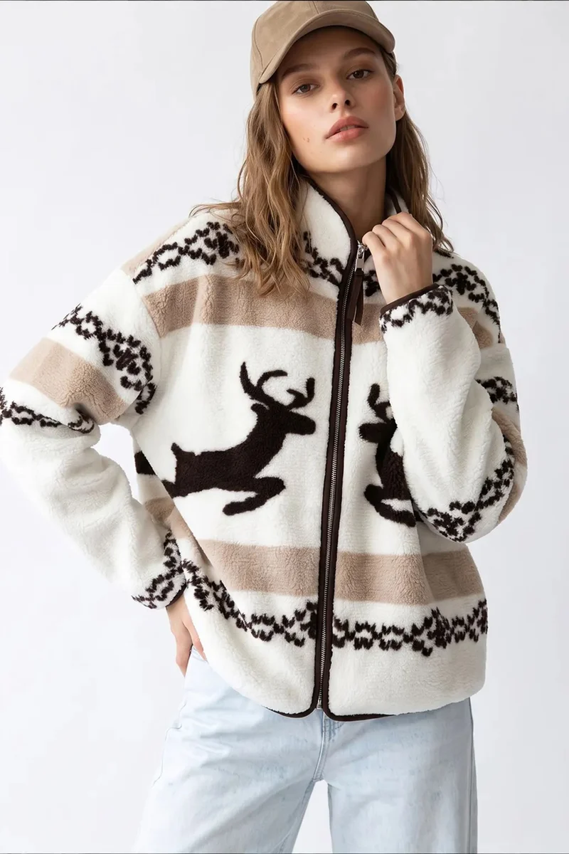ميكسراي MIXRAY Women's Geometric Zipper Collar Sweatshirt