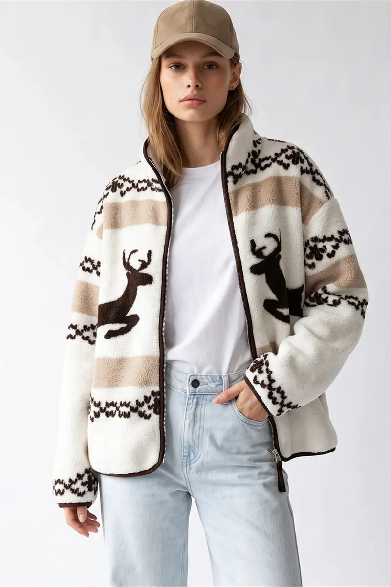 ميكسراي MIXRAY Women's Geometric Zipper Collar Sweatshirt