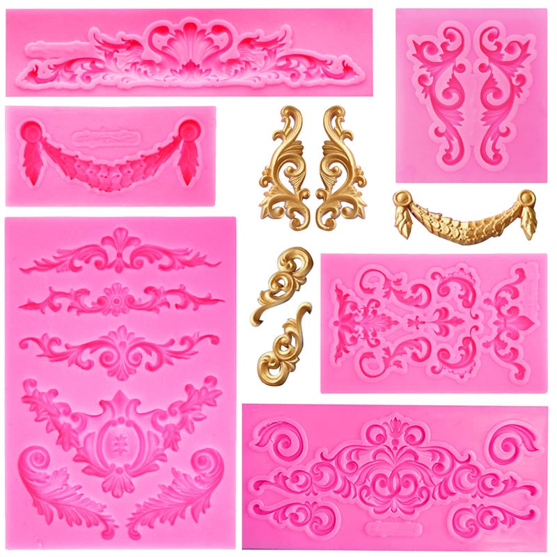 Rainmae Rainmae 6 Pcs Baroque Style Curlicues Scroll Lace Fondant Silicone Mold Relief Flower Lace Mould Filigree Mold 3D Sculpted Decoration Cupcake Topper Jewelry Polymer Clay Crafting Projects 