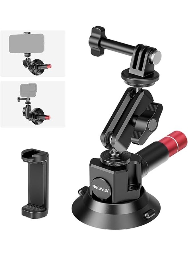 3" Suction Cup Camera Mount Bracket with Ball Head Magic Arm, 1/4" ARRI Holes, Quick Release Car Mount with Holder & Action Cam Adapter Compatible with DJI Insta360, CA104 - Image 1