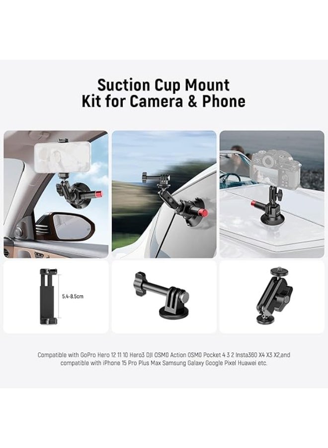 3" Suction Cup Camera Mount Bracket with Ball Head Magic Arm, 1/4" ARRI Holes, Quick Release Car Mount with Holder & Action Cam Adapter Compatible with DJI Insta360, CA104 - Image 2