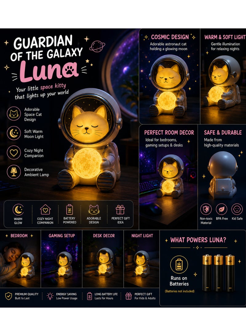 Guardian of the Galaxy Luna Night Light – Cute Astronaut Cat Moon Lamp, Battery Powered Warm LED Ambient Light for Bedroom, Desk & Kids Room Decor