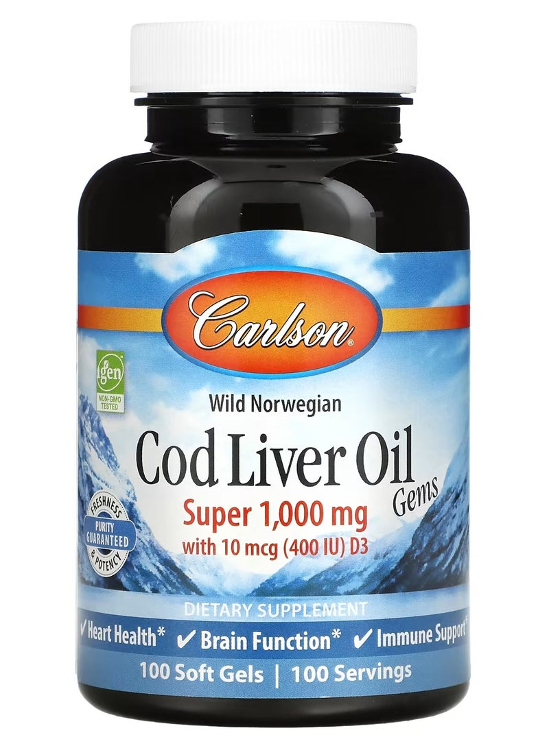 كارلسون‏ Cod Liver Oil Gems من سمك القد النرويجي البري منتج فائق، 1000 ملجم 100 كبسولة هلامية - Image 1