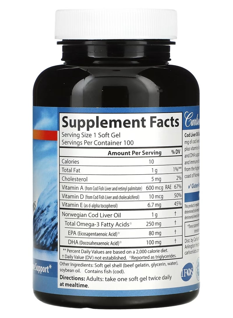 كارلسون‏ Cod Liver Oil Gems من سمك القد النرويجي البري منتج فائق، 1000 ملجم 100 كبسولة هلامية - Image 2