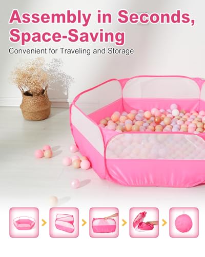 TRENDPLAY Foldable Ball Pit for Toddlers, Large Pop Up Ball Pits Kids Play Tent Crawl Playpen Ball Pool Playhouse Playpen with Storage Bag, for Boys Girls Dogs Cats Ferrets Indoor Outdoor, Bright Pink - Image 4