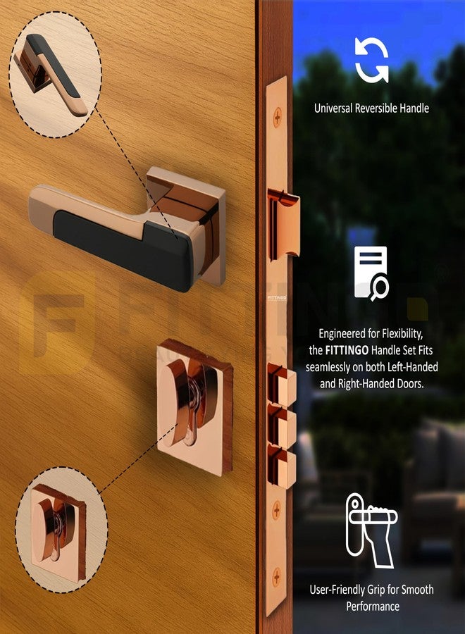 FITTINGO Munich Mortise Door Handle Lock Set/Premium Zinc Alloy Door Handle with Lock/Heavy Duty Main Door Handle with Key Lock for Home, Office & Hotel Doors - 3 Years Warranty (PVD Rose Gold Black) - Image 3