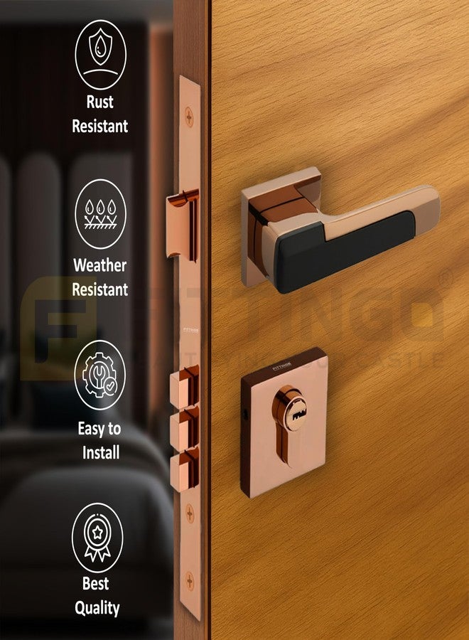 FITTINGO Munich Mortise Door Handle Lock Set/Premium Zinc Alloy Door Handle with Lock/Heavy Duty Main Door Handle with Key Lock for Home, Office & Hotel Doors - 3 Years Warranty (PVD Rose Gold Black) - Image 4