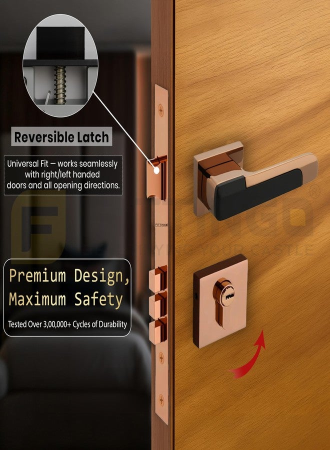 FITTINGO Munich Mortise Door Handle Lock Set/Premium Zinc Alloy Door Handle with Lock/Heavy Duty Main Door Handle with Key Lock for Home, Office & Hotel Doors - 3 Years Warranty (PVD Rose Gold Black) - Image 2