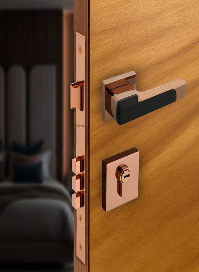 FITTINGO Munich Mortise Door Handle Lock Set/Premium Zinc Alloy Door Handle with Lock/Heavy Duty Main Door Handle with Key Lock for Home, Office & Hotel Doors - 3 Years Warranty (PVD Rose Gold Black) - Image 1