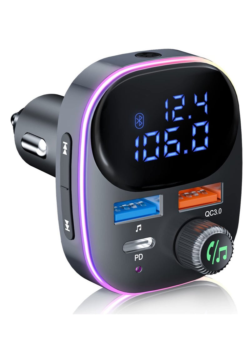 SYOSI Newest Bluetooth V5.3 FM Transmitter, Bluetooth Car Transmitter Car Radio Transmitter Hands Free Car Kit MP3 Player QC3.0 PD3.0 Car Charger with LED Display Support USB Drive Colorful Light - Image 1