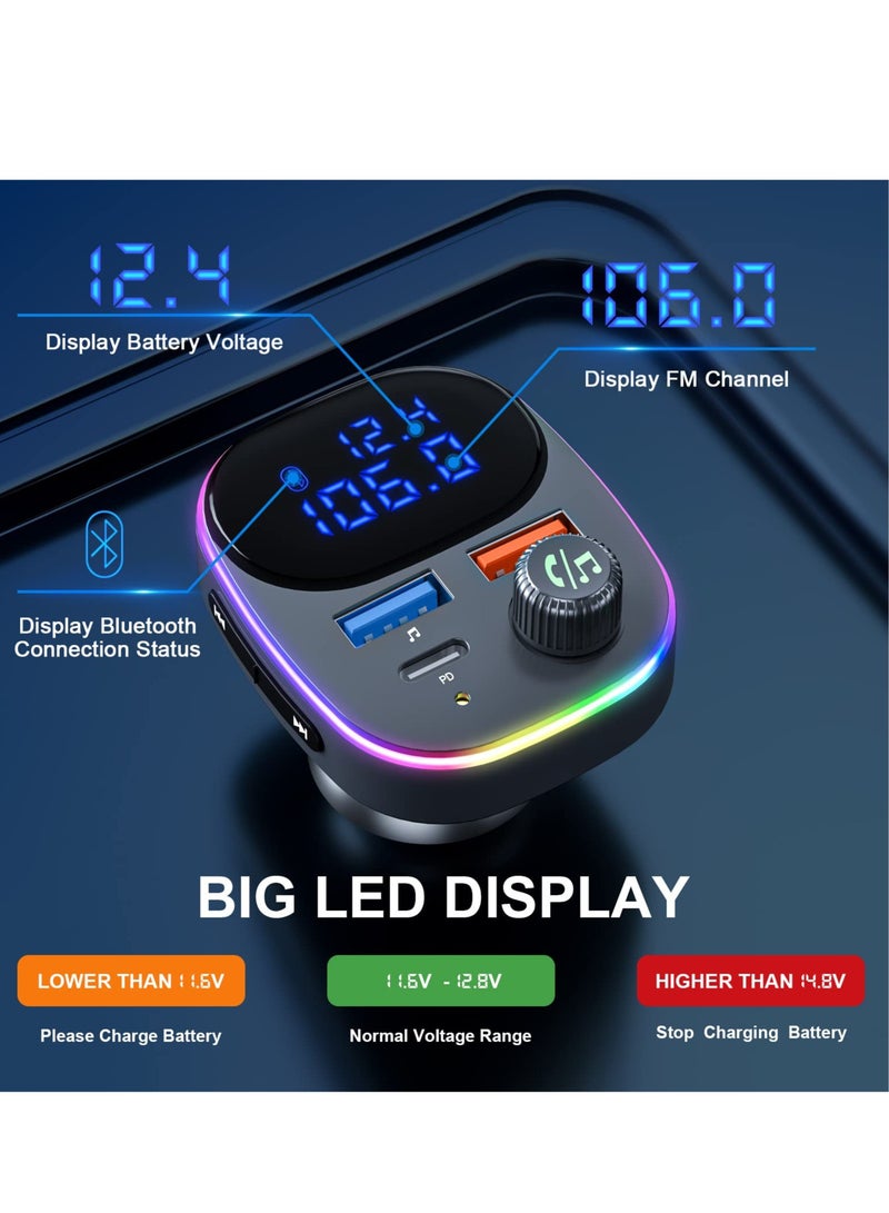 SYOSI Newest Bluetooth V5.3 FM Transmitter, Bluetooth Car Transmitter Car Radio Transmitter Hands Free Car Kit MP3 Player QC3.0 PD3.0 Car Charger with LED Display Support USB Drive Colorful Light - Image 4