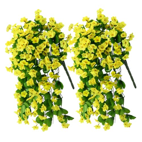 ZFProcess Artificial Fake Hanging Flowers Plants for Outdoor Spring Decoration 2PCS Faux Silk Violet UV Resistant Look Real Trailing Vines for Outside Home Planter Porch PatioYellow