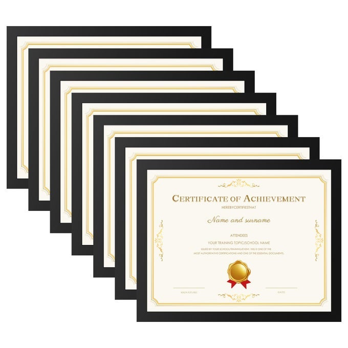85X11 PICTURE FRAME SET OF 7 DISPLAY 6X8 WITH MAT OR 85X11 WITHOUT MAT PHOTO FRAMES FOR WALL MOUNTING OR TABLE TOP DISPLAY BLACK