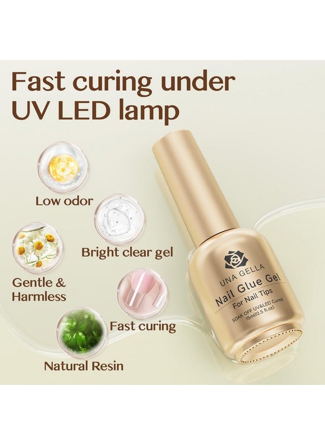 UNA GELLA - UNA GELLA 6 In 1 Gel Nail Glue for Clear Acrylic Nail Tips, 15ml Long Lasting Super Strong Brush Gel x Nail Glue for Base Coat, Clear Fake Nail Tips, and Soft Gel Tips Lamp Curing Needed UV - Image 1