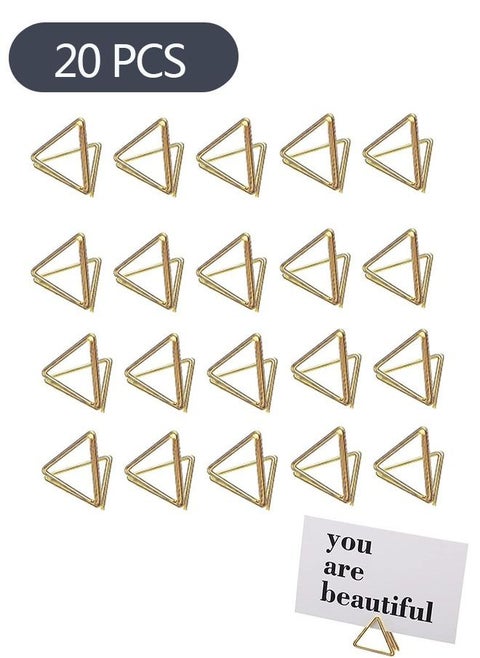 20-Piece Triangle Shape Name Card Holder, Mini Wedding Table Card Holders, Setting Holder Picture Clips Stand for Centerpiece Anniversary Party (Gold)