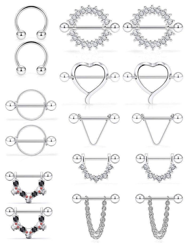 SCERRING 14G Nipple Rings Stainless Steel Nipplerings CZ Heart Tongue Shield Barbell Rings Retainer Body Piercing Jewelry for Women 9/16Inch 8 Pairs Silver