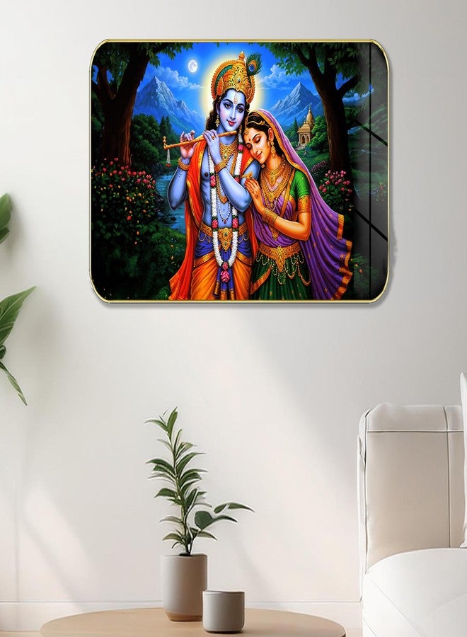 Masstone Radha Krishna Crystal Embedded High Gloss Wall Painting, Golden Slim Frame, 45x30 Cm Wall Art for Living Room, Bedroom, Office & Home Décor (HG01) - Image 1