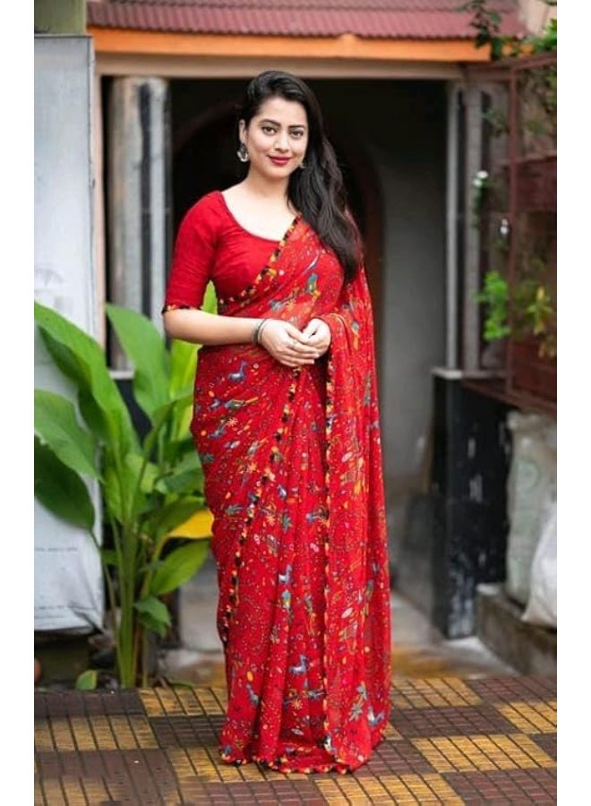 Yashika Women's Printed Georgette Printed Saree With Lace Border and Blouse Material - Image 3