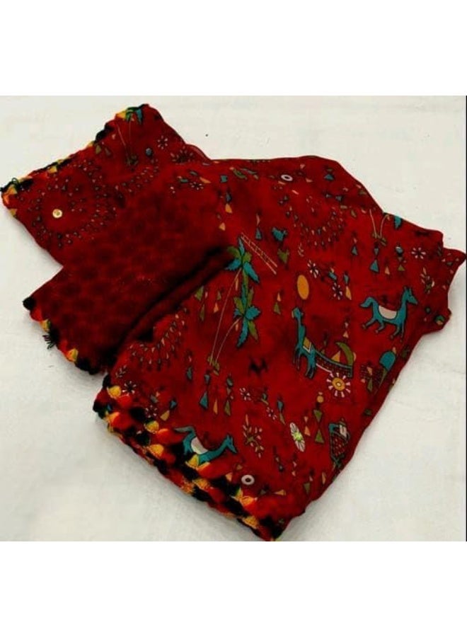 Yashika Women's Printed Georgette Printed Saree With Lace Border and Blouse Material - Image 2