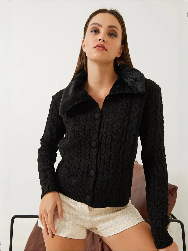 Bianco Lucci Black LUCCI Textured Faux Fur Shawl Collar Cardigan for Women | Best Price UAE