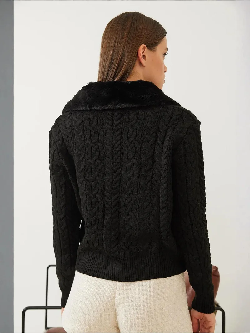 Bianco Lucci Black LUCCI Textured Faux Fur Shawl Collar Cardigan for Women | Best Price UAE