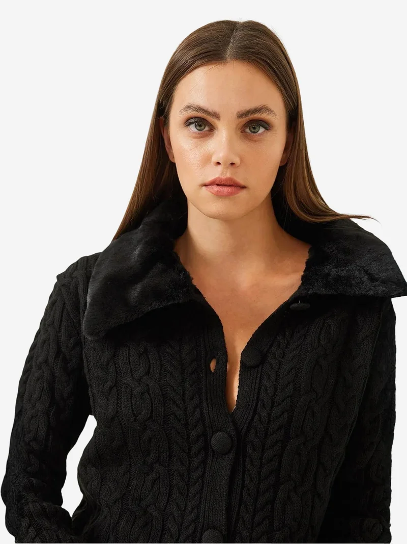 Bianco Lucci LUCCI Textured Faux Fur Shawl Collar Cardigan