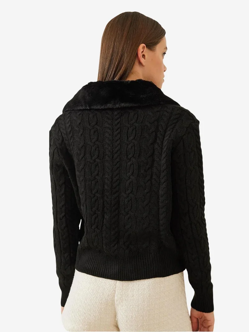 Bianco Lucci LUCCI Textured Faux Fur Shawl Collar Cardigan