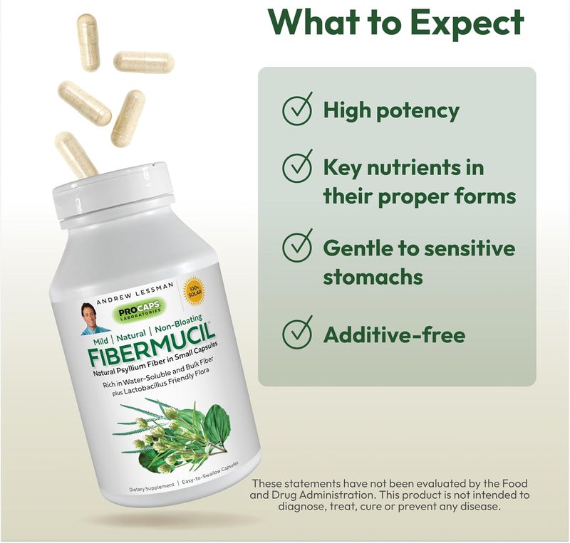 ANDREW LESSMAN Fibermucil Capsules Psyllium Husk Powder Gently Promotes Regularity and Digestive Health Rich in Fiber Gentle Easy Effective No Additives Small Easy to Swallow Capsules - Image 4