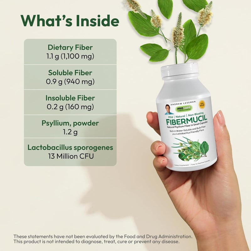 ANDREW LESSMAN Fibermucil Capsules Psyllium Husk Powder Gently Promotes Regularity and Digestive Health Rich in Fiber Gentle Easy Effective No Additives Small Easy to Swallow Capsules - Image 3