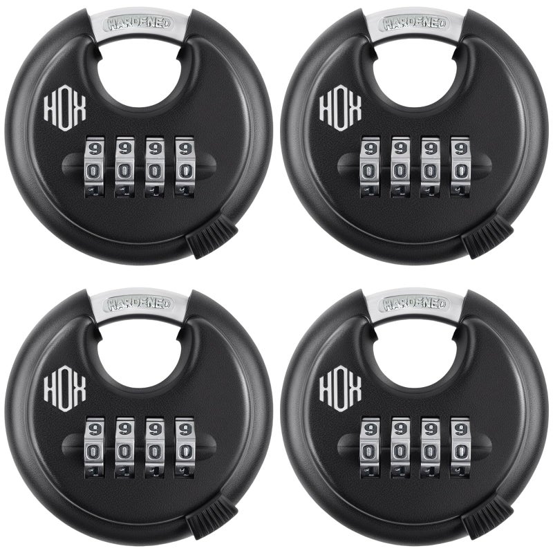 HOX Combination Lock 4 Digit Disc Padlock with 38 Inch Hardened Steel Shackle 234 Inch Zinc Alloy Wide Body Keyless Heavy Duty Combo Lock for Hasp Latch Sheds Fences Storage Locker 4 Pack - Image 2