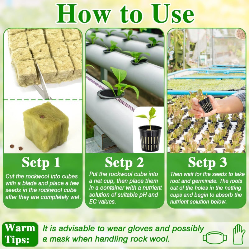 Halatool 144PCS 1.2-Inch Rockwool Cubes with 120PCS 2-Inch Net Cups for Hydroponics Great Hydroponic Kit for Cuttings Clone Plant Propagation Seed Starting & Soilless Cultivation - Image 3
