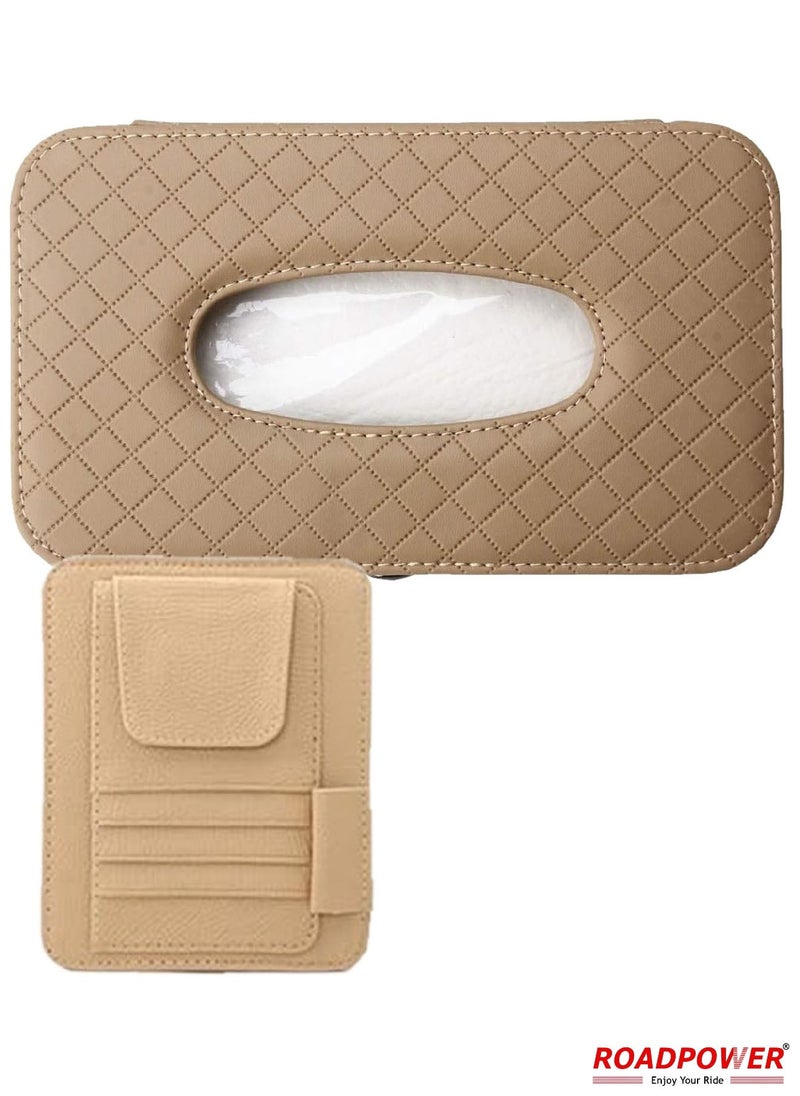 RoadPower Car Tissue Holder Organizer With Car Sun Visor Sunglasses And Card Holder Beige  - Image 1