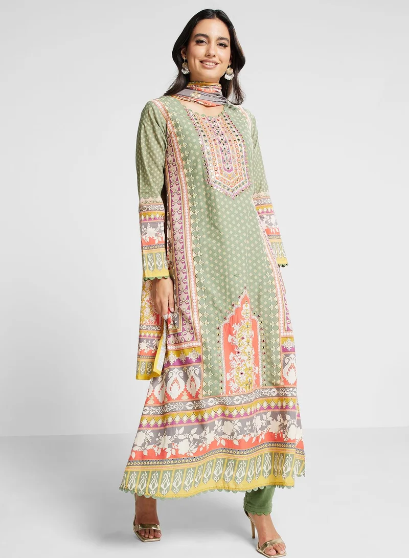 kolaba Embroidered Straight Kurta And Pant Set With Dupatta