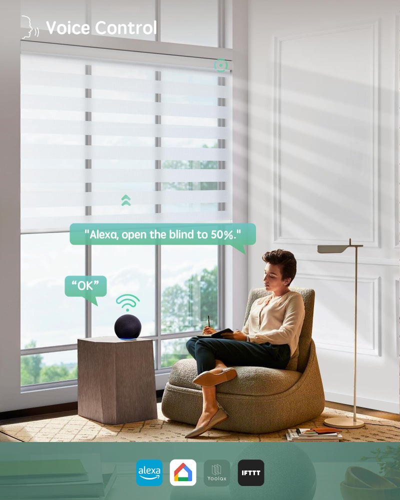 Yoolax Motorized Blinds with Remote, Electric Zebra Blinds for Indoor Windows, Room Darkening Smart Shades with Voice Control, Compatible with Alexa Google Home, APP Control, 23" W x 72" H, White - Image 3