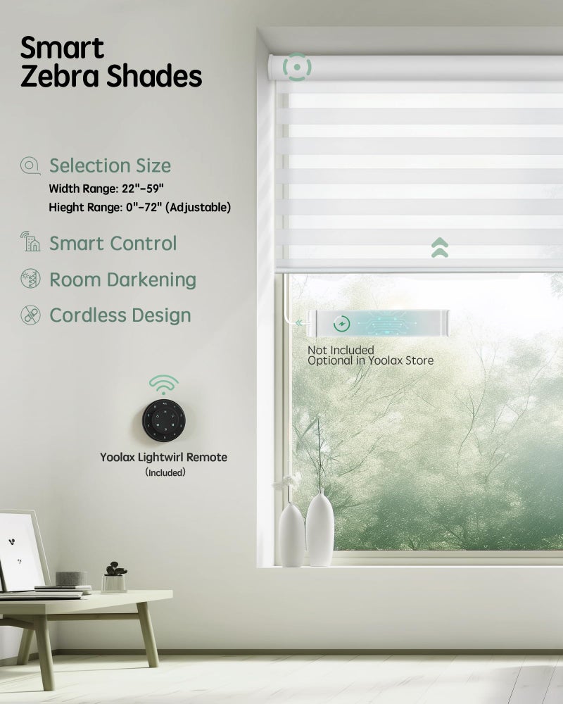 Yoolax Motorized Blinds with Remote, Electric Zebra Blinds for Indoor Windows, Room Darkening Smart Shades with Voice Control, Compatible with Alexa Google Home, APP Control, 23" W x 72" H, White - Image 2
