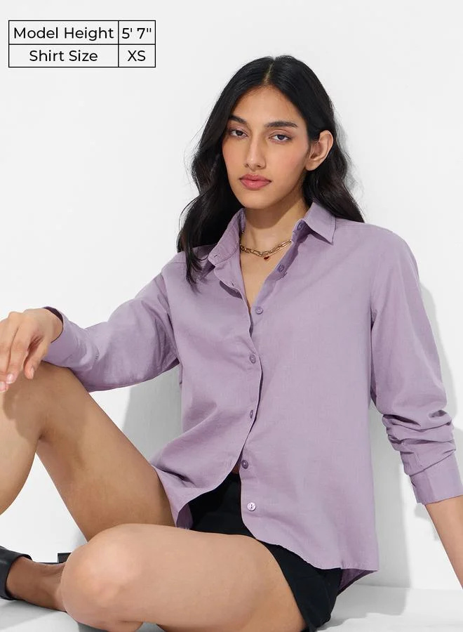 The Souled Store Purple Cotton Linen Plain Shirt