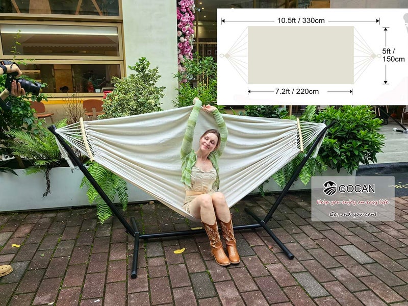 GOCAN Double Hammock 2 Person Extra Large 220x150cm Total Length 330cm Load 500lb Canvas Cotton Hammock for Patio Porch Garden Backyard Lounging Outdoor and Indoor with Removable Spreader bar - Image 2