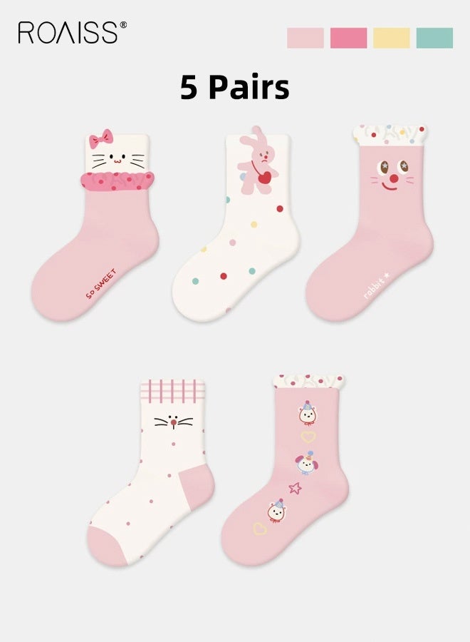 رويس 5 أزواج من الجوارب الأنيقة، جوارب نسائية تصل إلى منتصف الساق بنقوش رائعة، جوارب مريحة قابلة للتنفس، جوارب أنبوبية متوسطة للبنات، سهلة التنسيق مع الملابس - Image 1