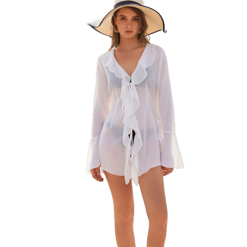 Women's V-Neck Sheer Tie-Up Flounce Bell Sleeve Chiffon Blouse - Image 5