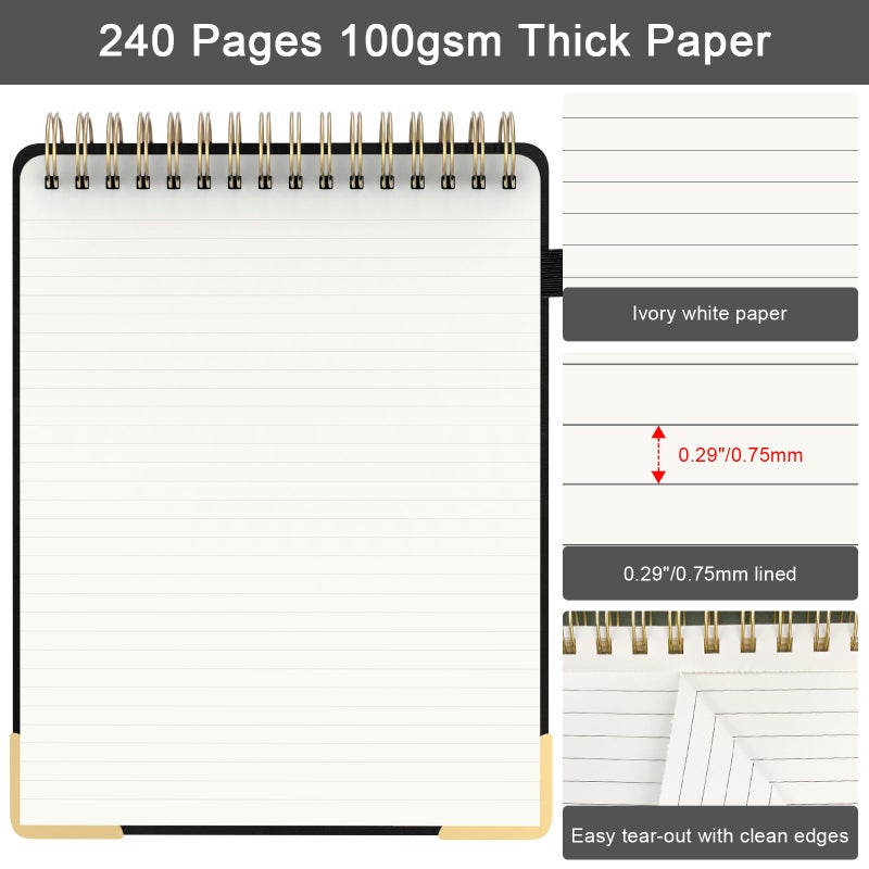 Mousbull A4 Top Spiral Notebook, Large Leather Hardcover Top Bound Steno Pads, 240 Pages 100 gsm Thick Lined Paper Left Handed Notebook Journal for Work, School, Meeting Writing - Black, 8.5" x 11" - Image 4