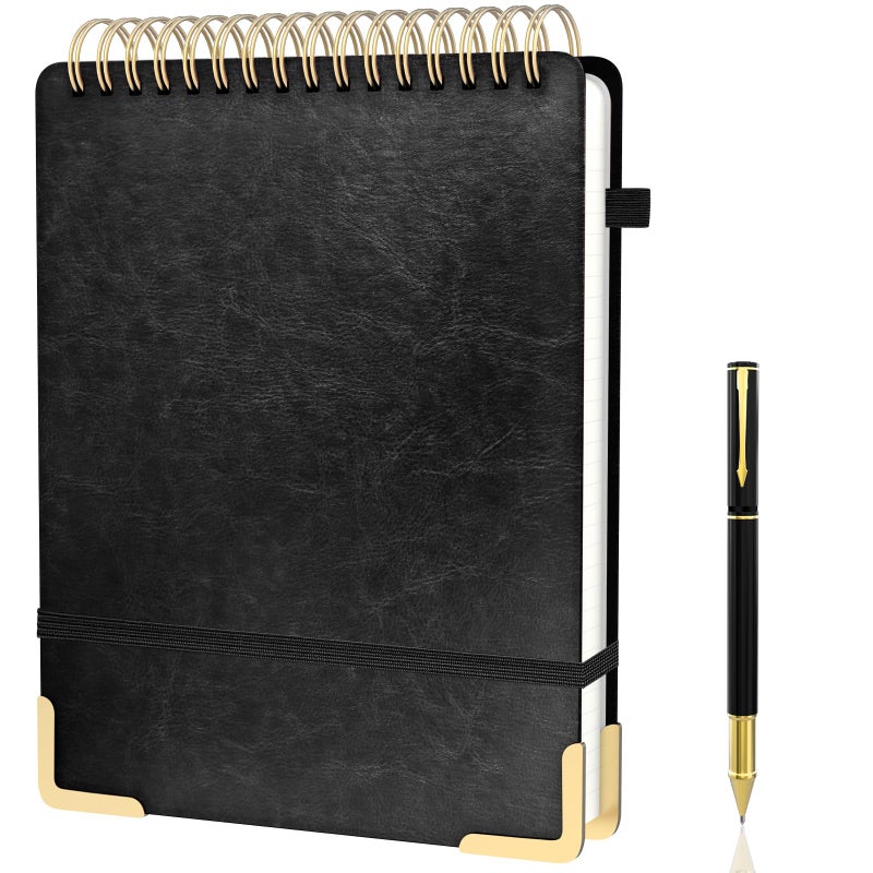 Mousbull A4 Top Spiral Notebook, Large Leather Hardcover Top Bound Steno Pads, 240 Pages 100 gsm Thick Lined Paper Left Handed Notebook Journal for Work, School, Meeting Writing - Black, 8.5" x 11" - Image 1