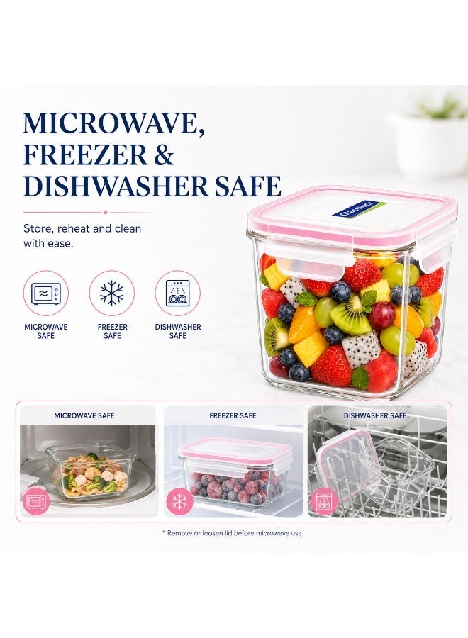 Glasslock Premium Glass Food Storage Container 920ml Square Airtight BPA Free Locking Lid Microwave Freezer Dishwasher Safe Meal Prep Lunch Box Pink - Image 3