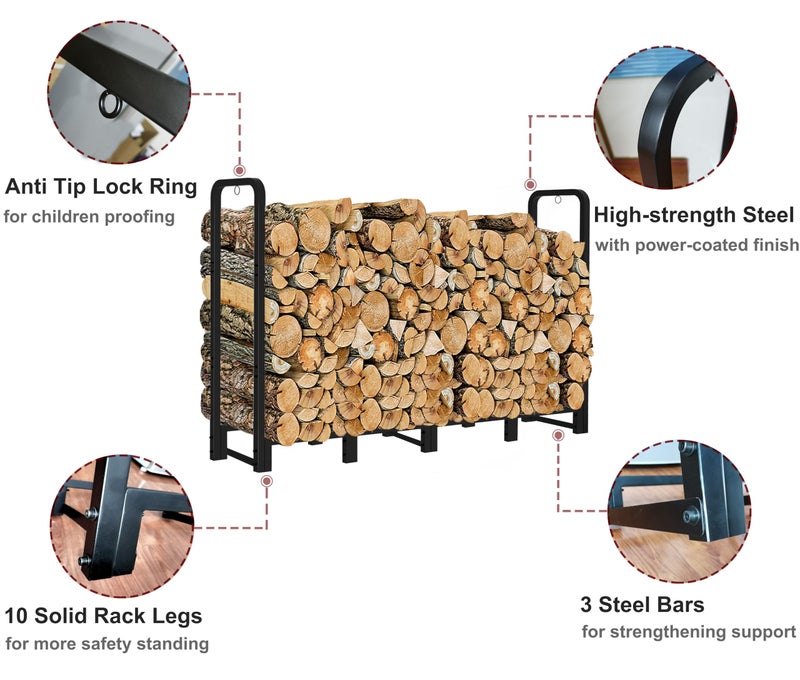 Artibear Firewood Rack Outdoor 8ft Heavy Duty Logs Holder for Indoor Fireplace Metal Wood Pile Storage Stacker Organizer, Matte Black - Image 3