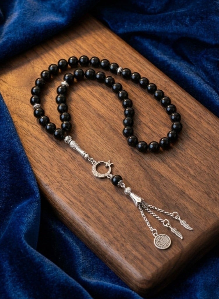 33 Bead Black Volcanic Glass Rosary(10mm)  Prayer Beads with Burlap Bag - Image 2