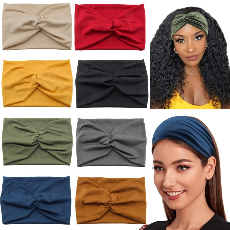Carede Wide Headbands for Women, Large Twist Headbands Boho Turban Headband Stretchy Head Wraps Yoga Head Bands For Women's Hair,Pack of 8 - Image 1