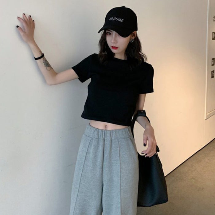 Sweet and Spicy Style Womens 2022 Short Short Sleeve Candy Color High Waist Navel Exposure Solid Color Top Girls Summer T-shirt for Students Black