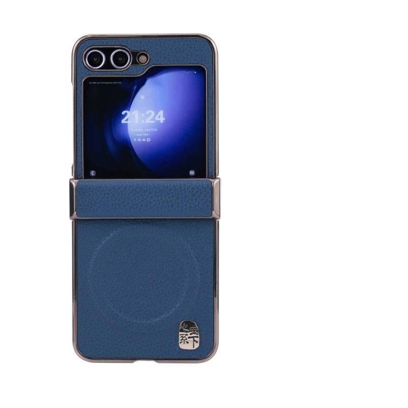 غطاء MagSafe بملمس باللون أزرق مغناطيسي جلد لـ Samsung Galaxy Z Flip 6 مع مقاوم للصدمات وحماية من السقوط مع مقاوم للصدمات مع مغناطيس قوي مع ملمس جلد للاستخدام المتكرر للهدايا - Image 1
