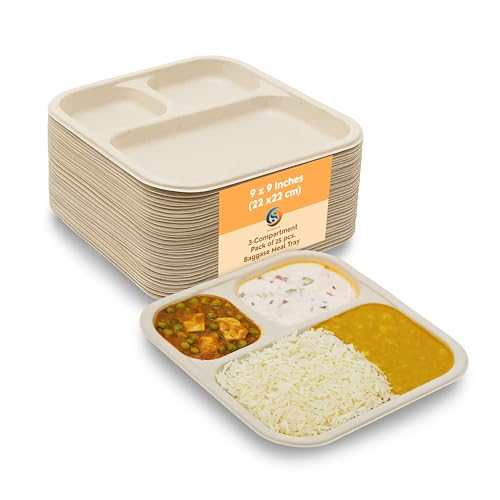 SANWALSA [3-Compartment, 25 Count, Beige Disposable Bagasse Plates | Eco-Friendly Sugarcane Meal Tray for Wedding, Party, Picnic, Event | Mess-Free Sections - Image 1